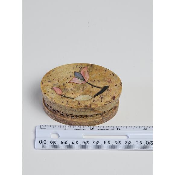 Vintage Carved Soapstone Trinket Jewelry Box Mother of Pearl Floral Inlay Decor - Picture 10 of 11